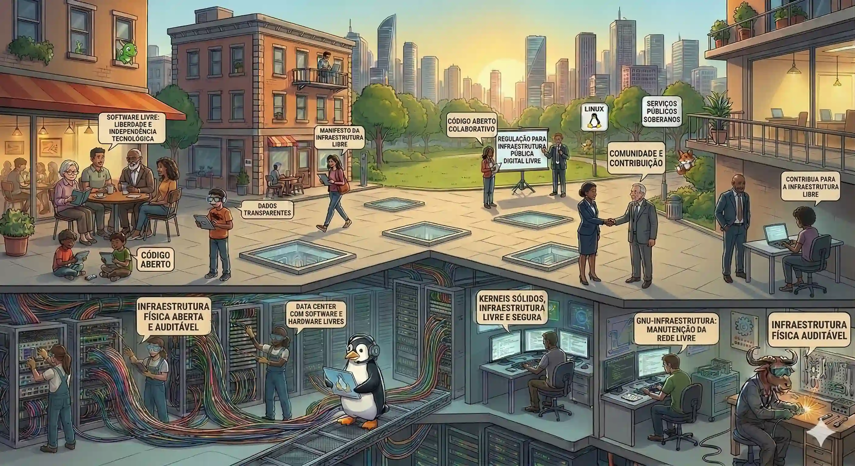 Ilustração mostrando diversas formas de apoiar o InfraLivre e a comunidade de tecnologia participando de debates públicos.