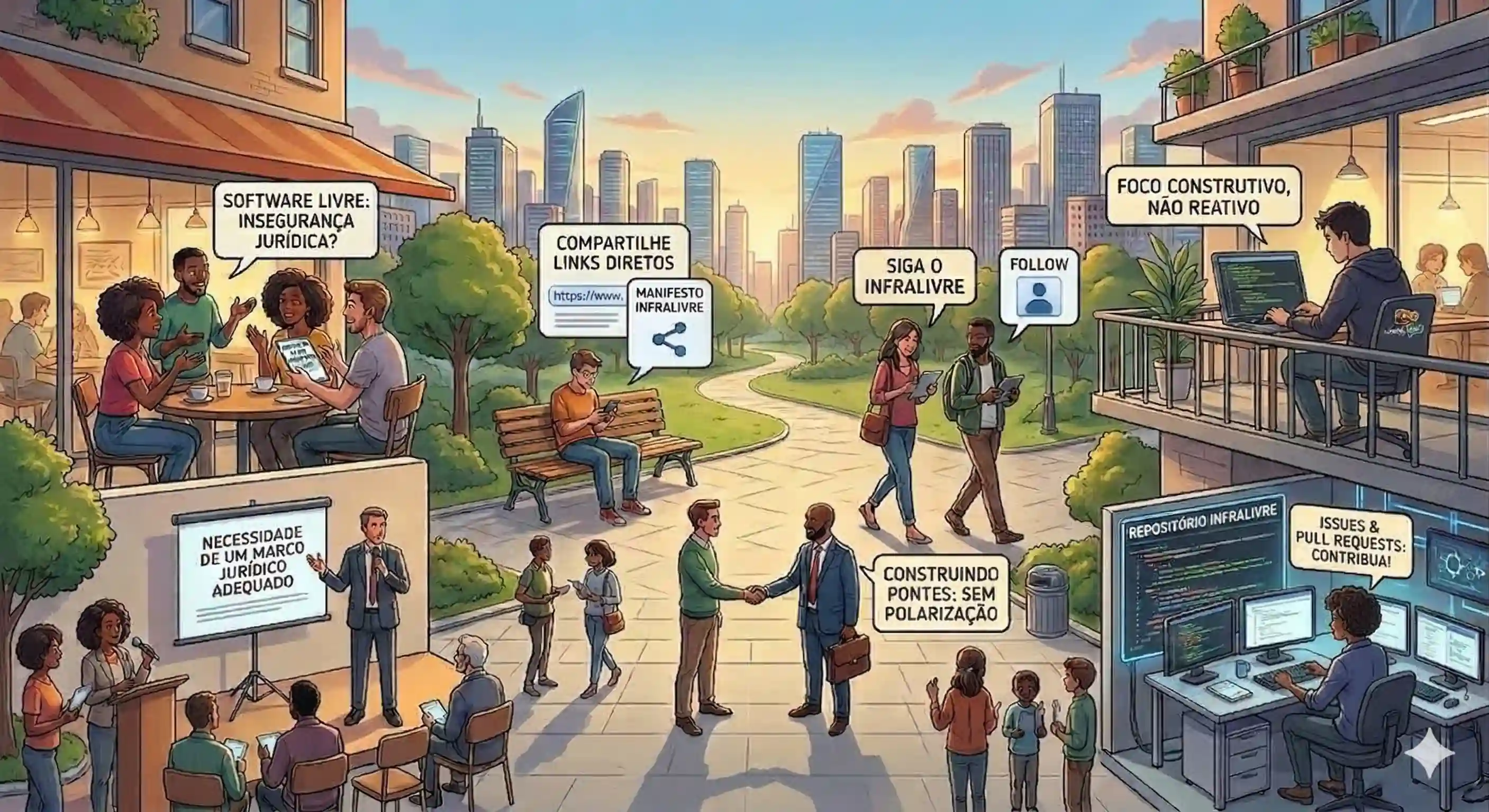 Ilustração mostrando diversas formas de apoiar o InfraLivre e a comunidade de tecnologia participando de debates públicos.