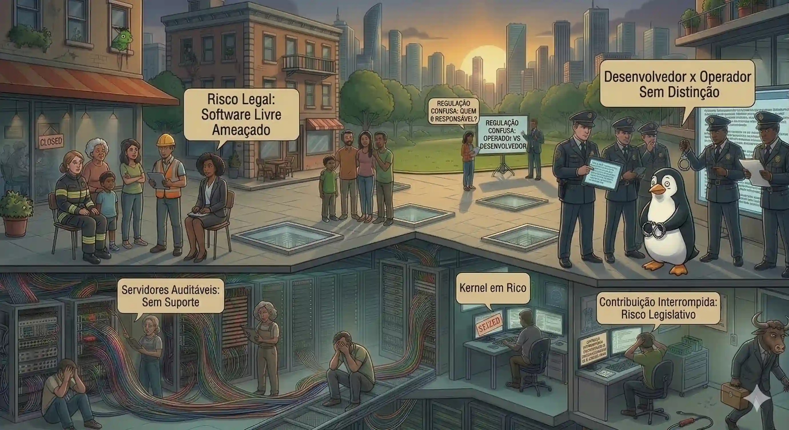 Ilustração mostrando um labirinto complexo representando o emaranhado jurídico que a infraestrutura livre enfrenta no Brasil.