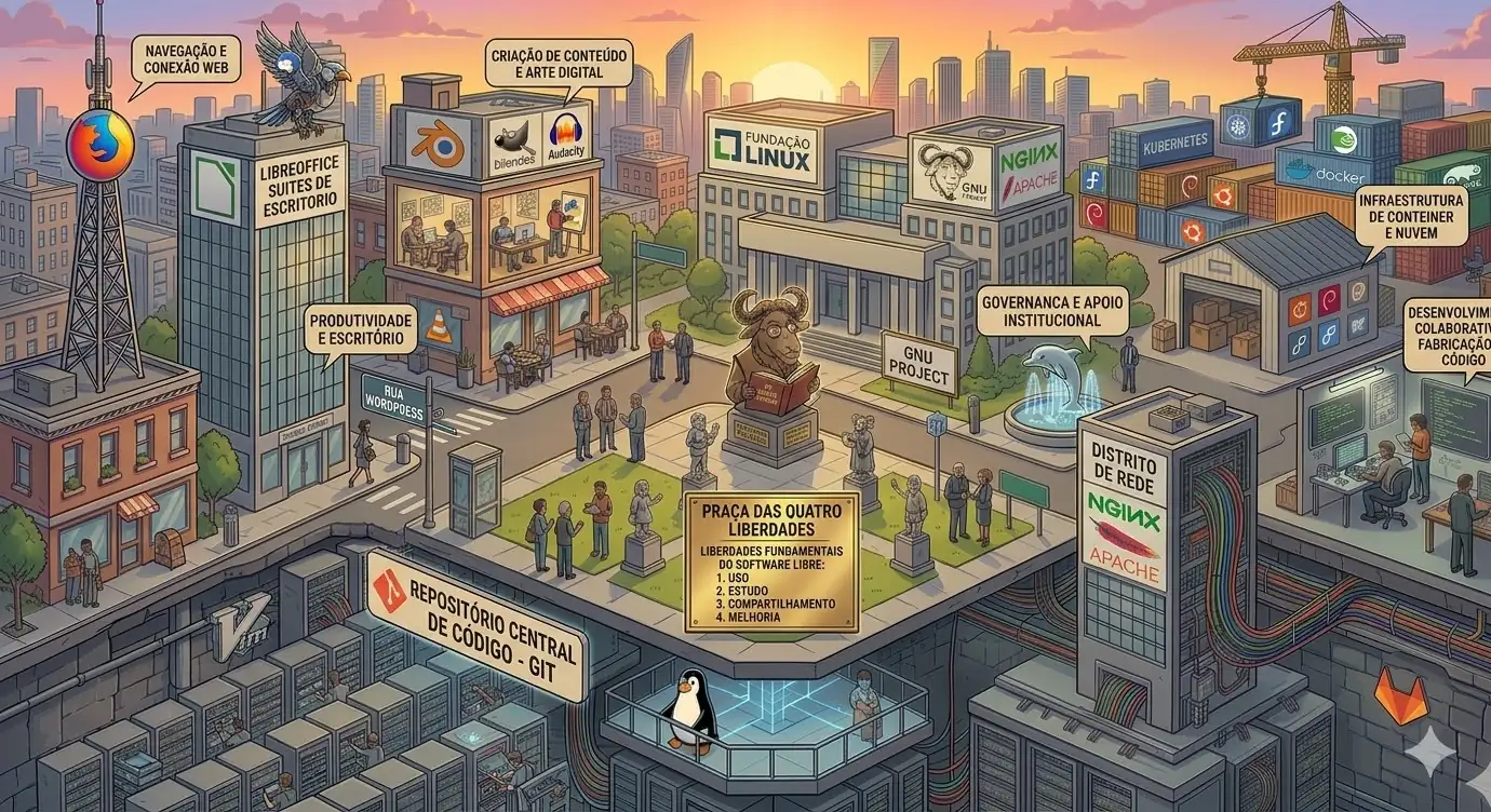 Ilustração representando o ecossistema colaborativo do software livre e de código aberto.