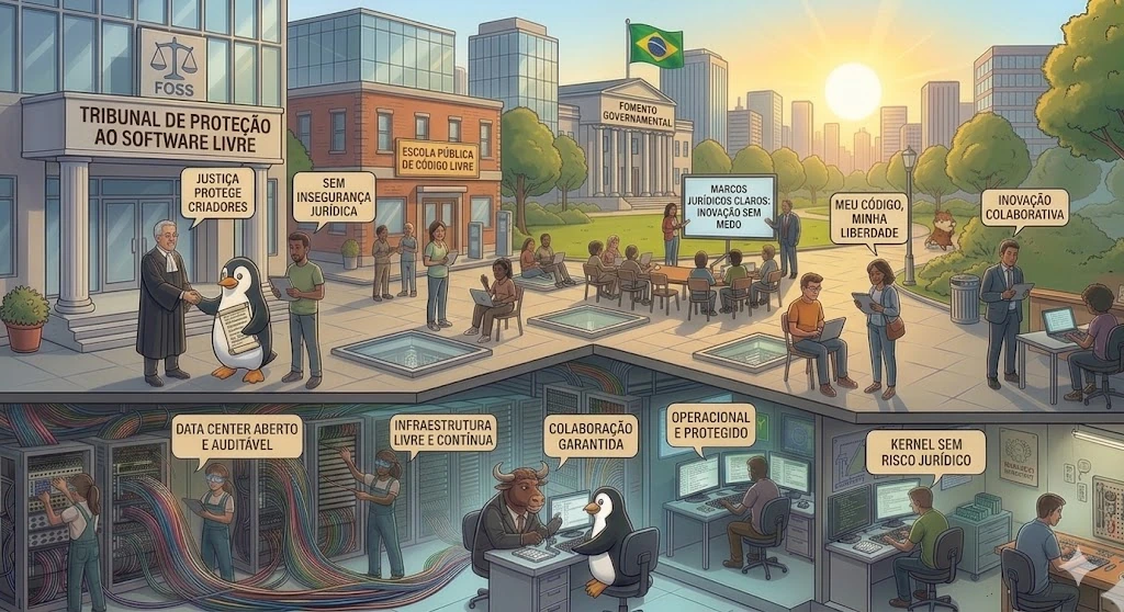 Ilustração mostrando diversas pessoas colaborando em projetos de software livre e de código aberto, representando a comunidade global de desenvolvedores.