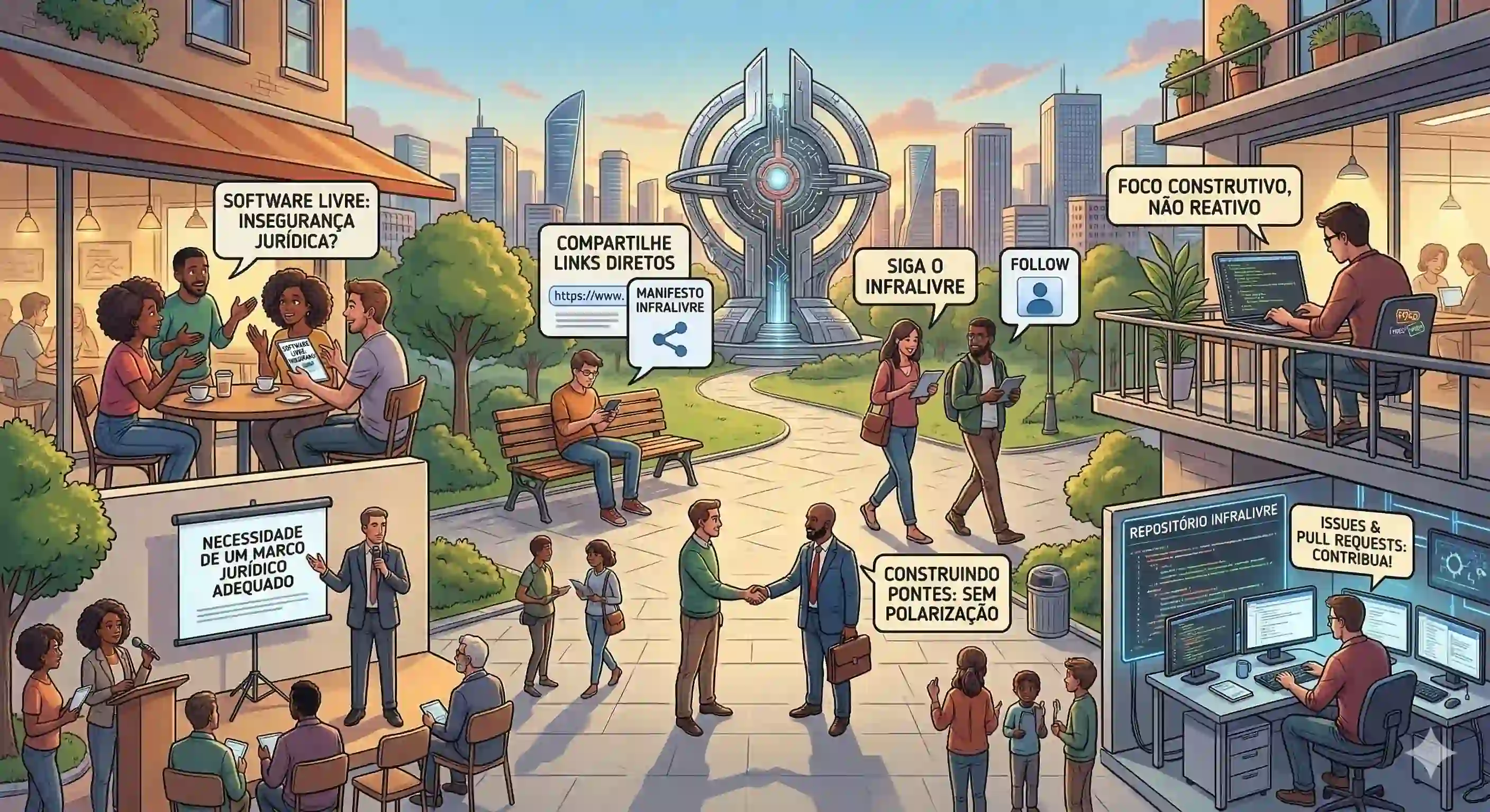 Ilustração mostrando diversas formas de apoiar o InfraLivre: debater sobre insegurança jurídica, compartilhar links diretos, seguir o projeto, manter foco construtivo, construir pontes sem polarização e contribuir via issues e pull requests.
