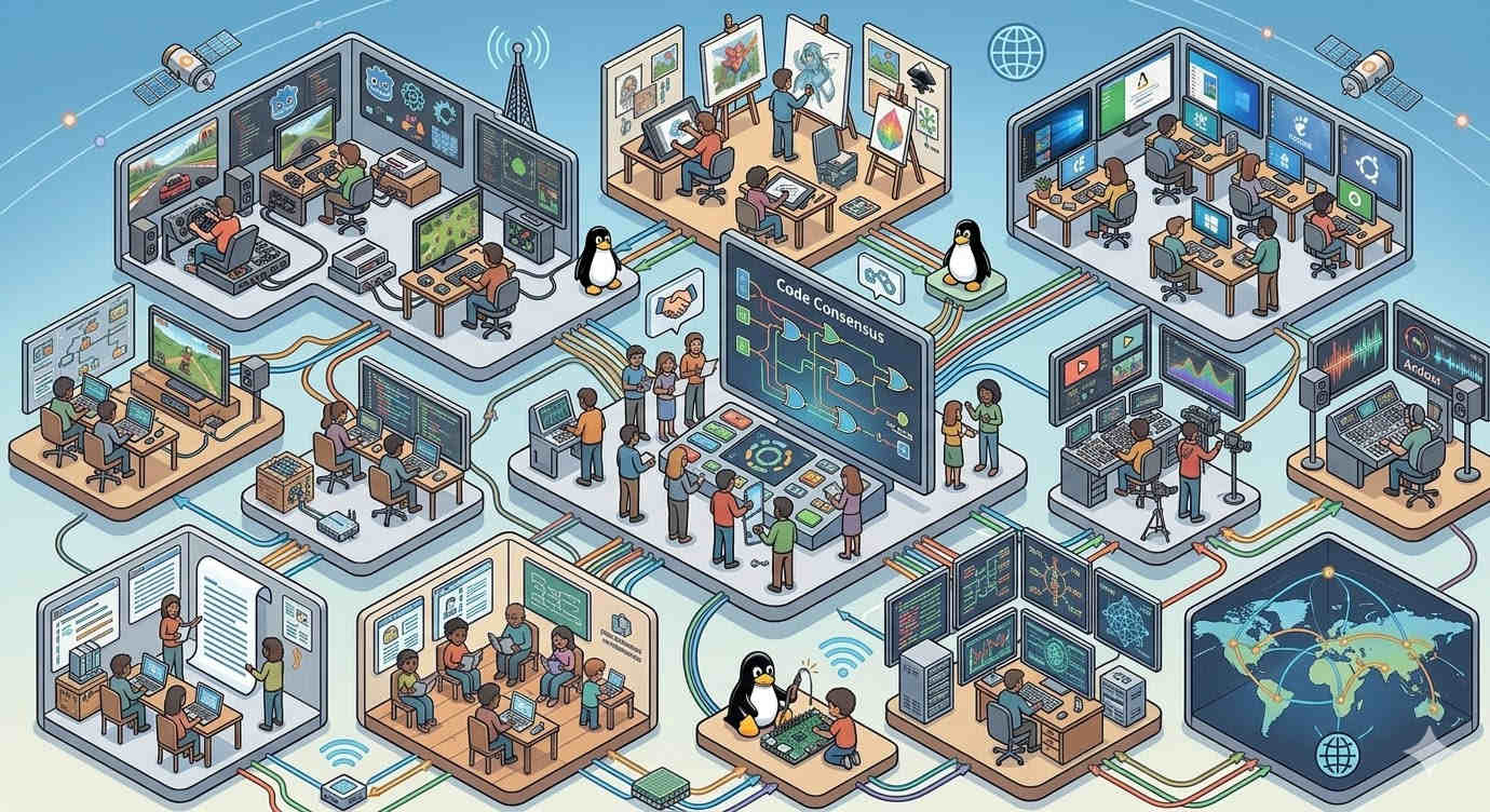 Ilustração representando software livre e código aberto.